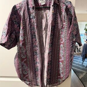 Vintage Men's Large Short Sleeve Floral Stripe Shirt - Burgundy